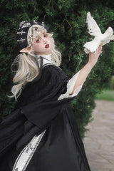 Black [Cross Nun] Stand Collar Off Shoulder Print Bowknot Gothic Elegant Lolita Dress - Product - 12