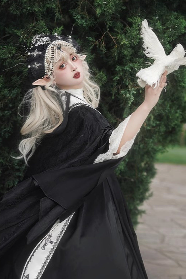 Black [Cross Nun] Stand Collar Off Shoulder Print Bowknot Gothic Elegant Lolita Dress - Product - 12