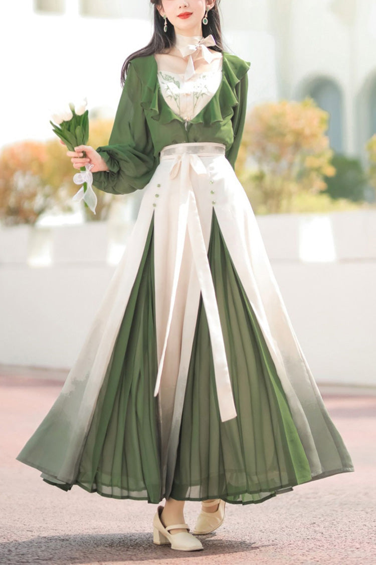 Green/White Dance igh Waisted Chinese Style Hanfu Dress Set - Green/White - 1