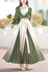 Green/White Dance igh Waisted Chinese Style Hanfu Dress Set - Green/White - 1
