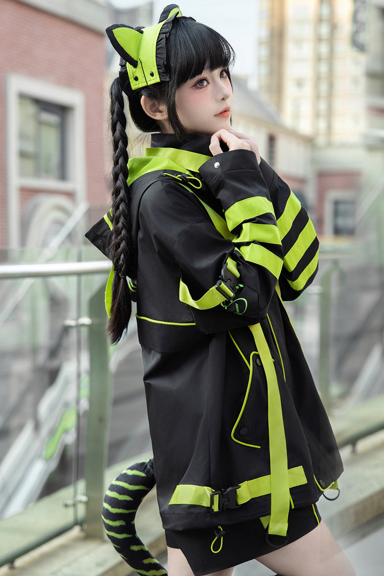 Yellow/Green/Black Long Sleeves Print Cat Ears Hooded Jirai Kei Handsome Coat - Product - 3
