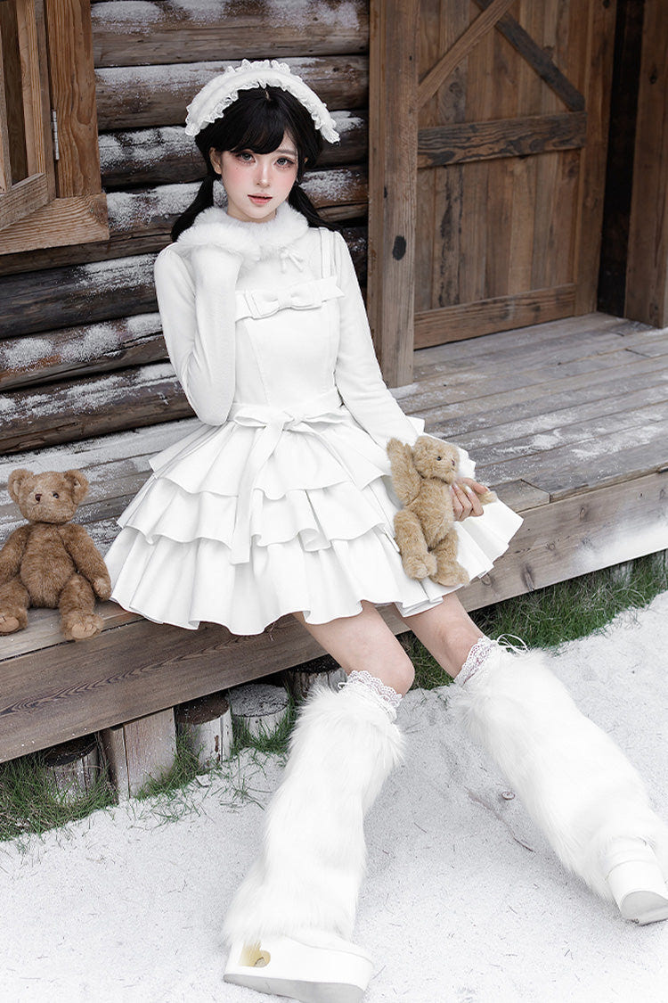 [White Chocolate] Triple-Layered Ruffle Bowknot Sweet Lolita Jsk Dress Set - Product - 19