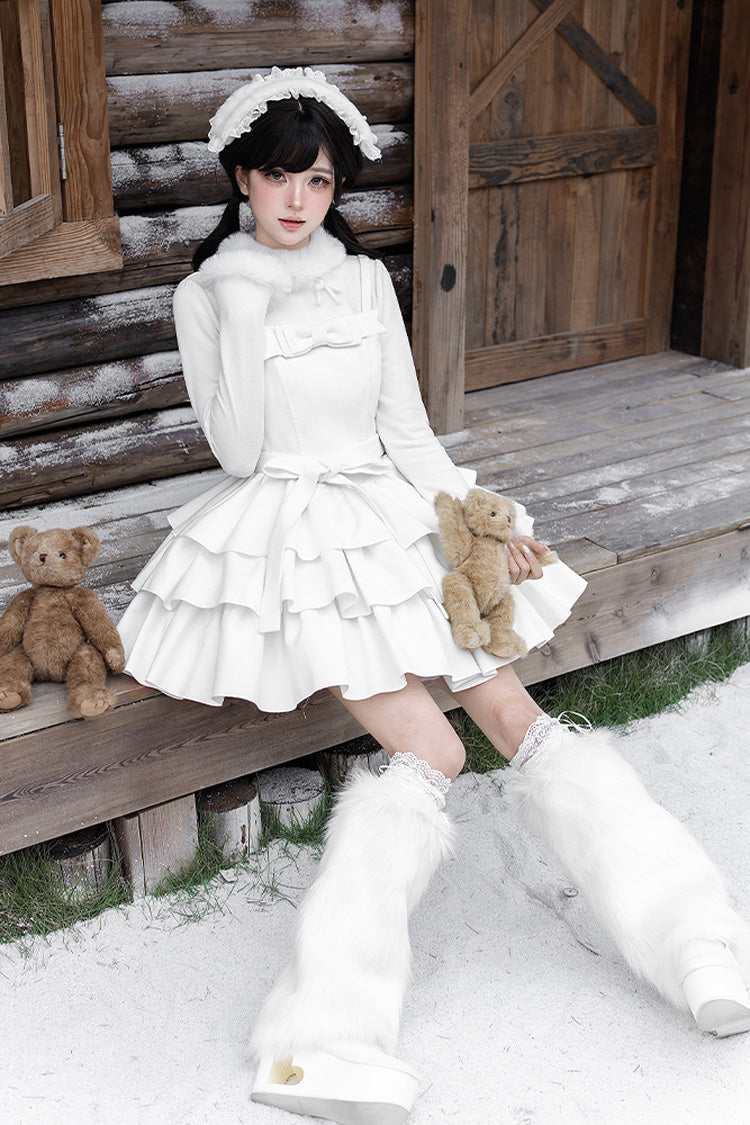 [White Chocolate] Triple-Layered Ruffle Bowknot Sweet Lolita Jsk Dress Set - Product - 19