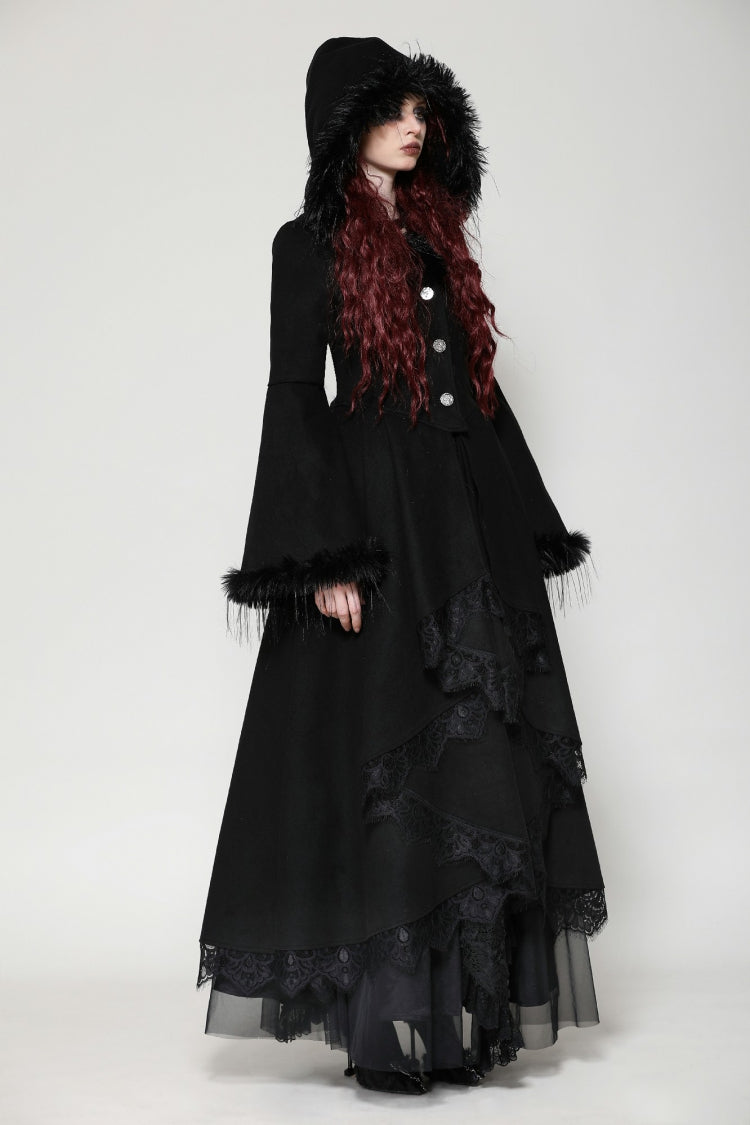 Black Long Bell Sleeves Lace Button Women's Gothic Romantic Coat with Hood - Product - 2