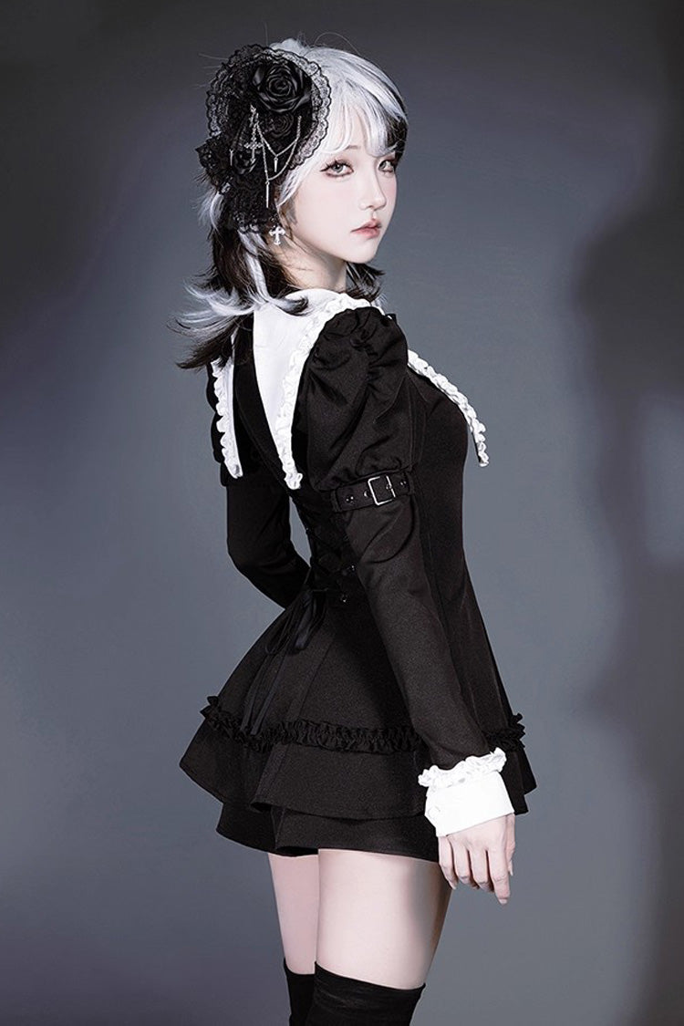 Black/White Long Sleeves Ruffle Bowknot Jirai Kei Japanese Witch Set - Product - 9