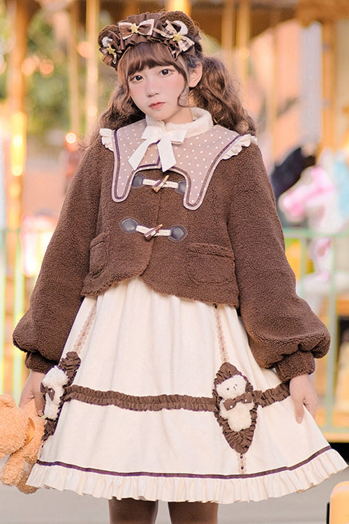 Beige Round Collar Lantern Sleeves Cute Bear Sweet Lolita OP Dress - Product - 2