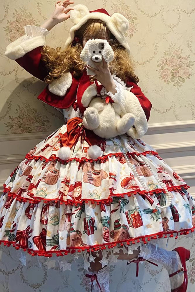 Red/White Christmas Bear Print Triple-Layered Ruffle Bowknot Sweet Princess (Dress Only) detail view 2