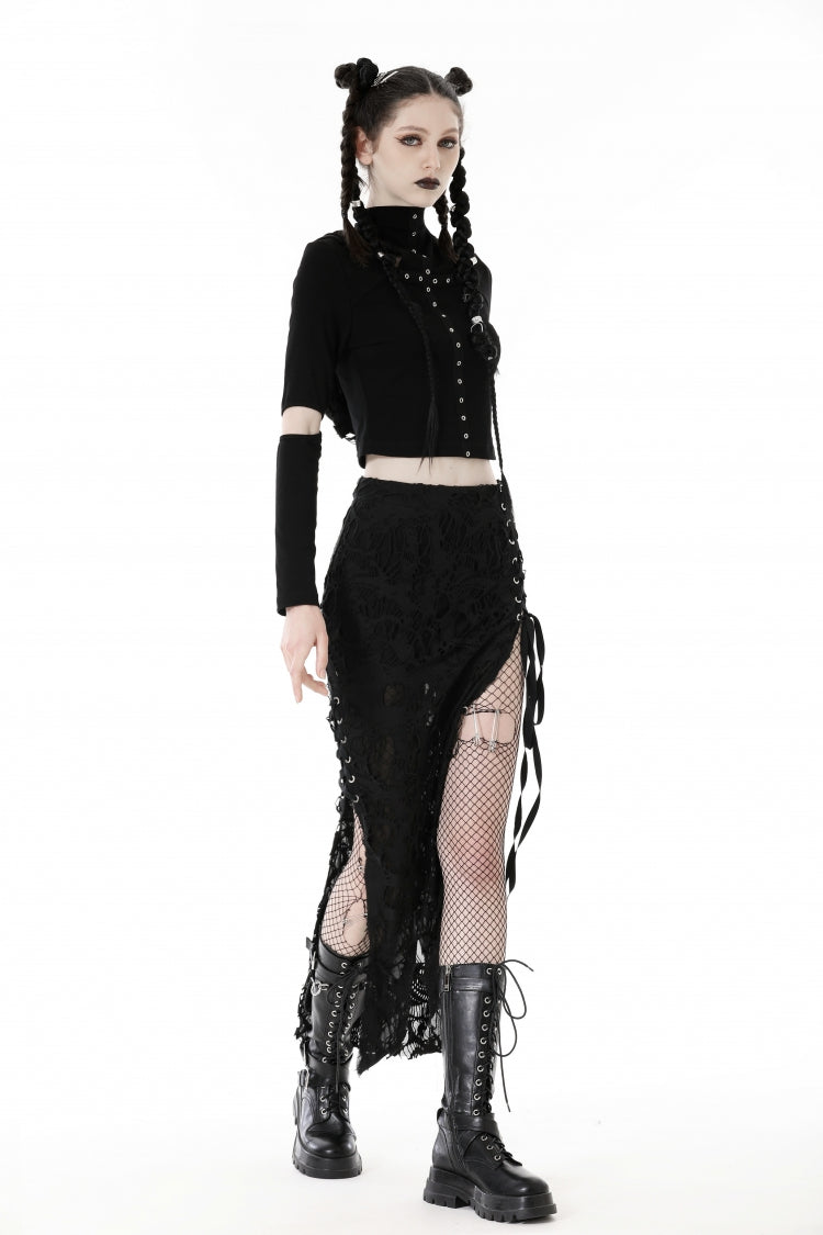 Black Lace-Up Ripped Women's Punk Split Long Skirt - Product - 8