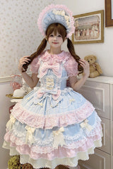 Blue/Pink [Fondant Cake] Sleeveless Multi-Layered Ruffle Bowknot Lace Sweet Lolita Jsk Dress - Blue/Pink - 1