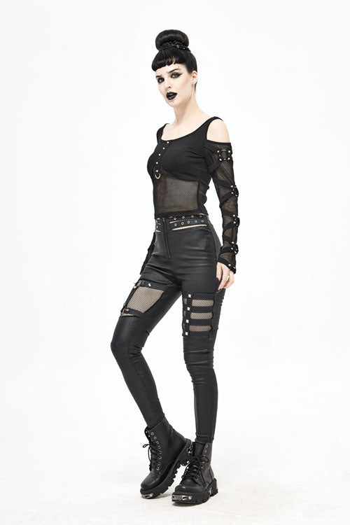 Black Sexy Mesh Spliced Off The Shoulder Long Sleeves Women Punk T-Shirt - Product - 2