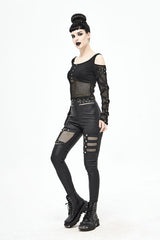 Black Sexy Mesh Spliced Off The Shoulder Long Sleeves Women Punk T-Shirt - Product - 2