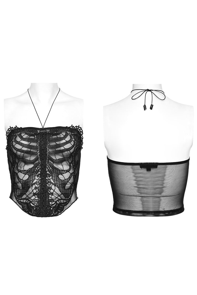 Black Sleeveless Skeleton Embroidery Ripped Women's Gothic Corset - Product - 5