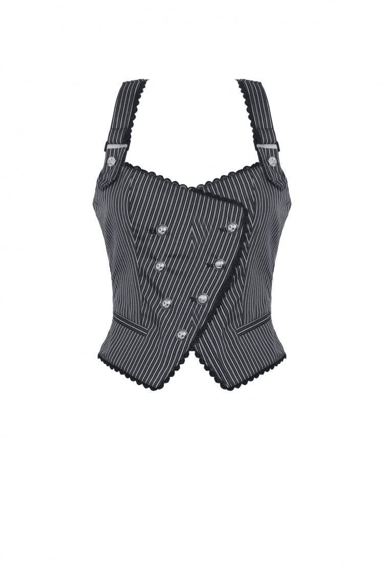 Black/White Striped Buckled Women's Gothic College Style Vest - Product - 3