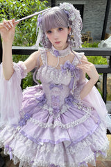 Purple [Prelude of Spring Cherry] Square Collar Sleeveless Multi-Layered Jacquard Ruffled Bow Lace Pearl-Decorated Sweet Lolita Jsk Dress - Product - 10