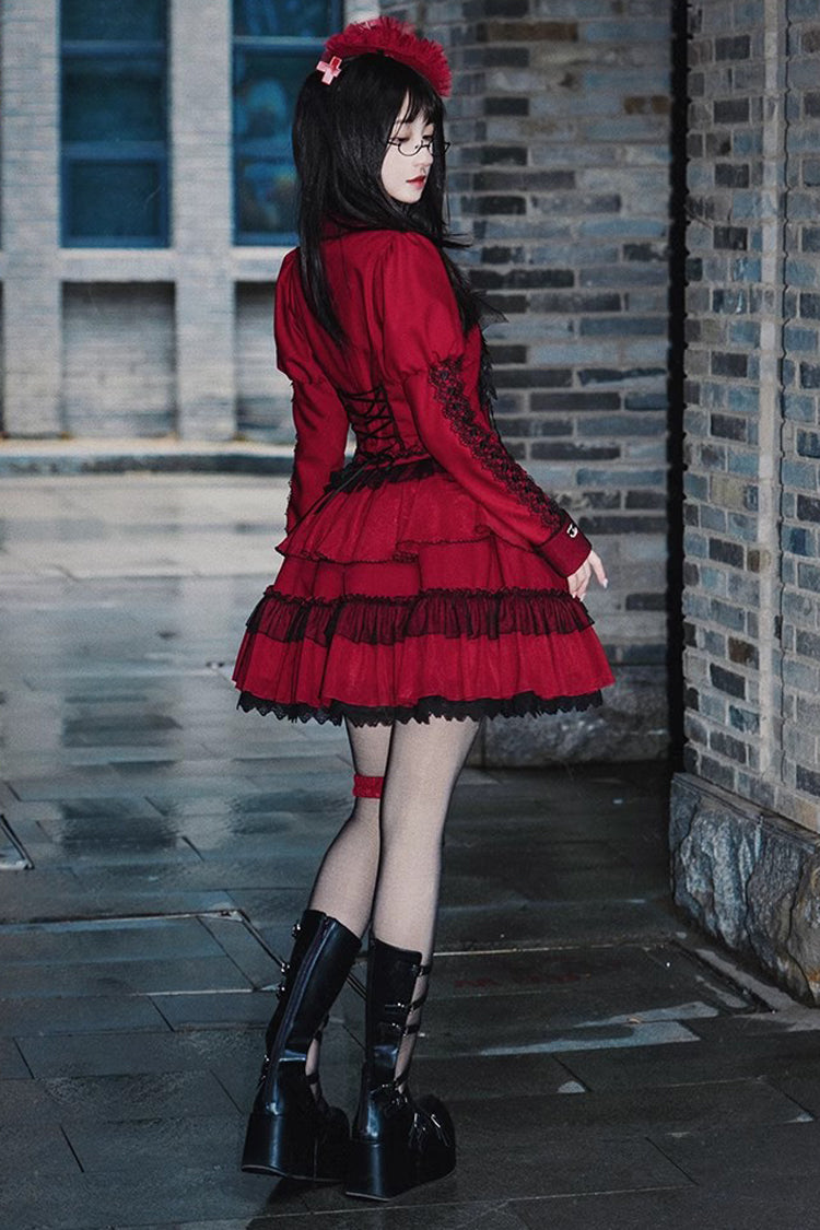 Red Gothic Punk Long Sleeves Removable Corsage Lolita Skirt Set - Product - 6
