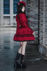 Red Gothic Punk Long Sleeves Removable Corsage Lolita Skirt Set - Product - 6