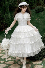 White [Morning Dew Lily] Short Sleeves Multi-Layered Ruffle Embroidery Sweet Elegant Lolita Dress - Product - 5