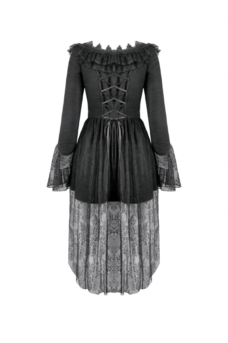 Black Lace Ruffled Boat Neck Long Trumpet Sleeves High-Low Hem Women's Gothic Dress - Product - 15
