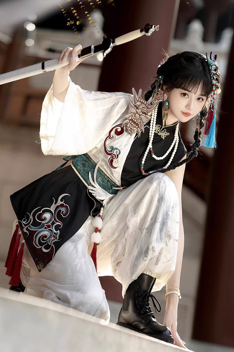 Black/White Stand Collar Single Long Sleeve Printed Embroidered Asymmetric Chinese Style Ouji Set - Product - 12