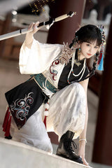 Black/White Stand Collar Single Long Sleeve Printed Embroidered Asymmetric Chinese Style Ouji Set - Product - 12