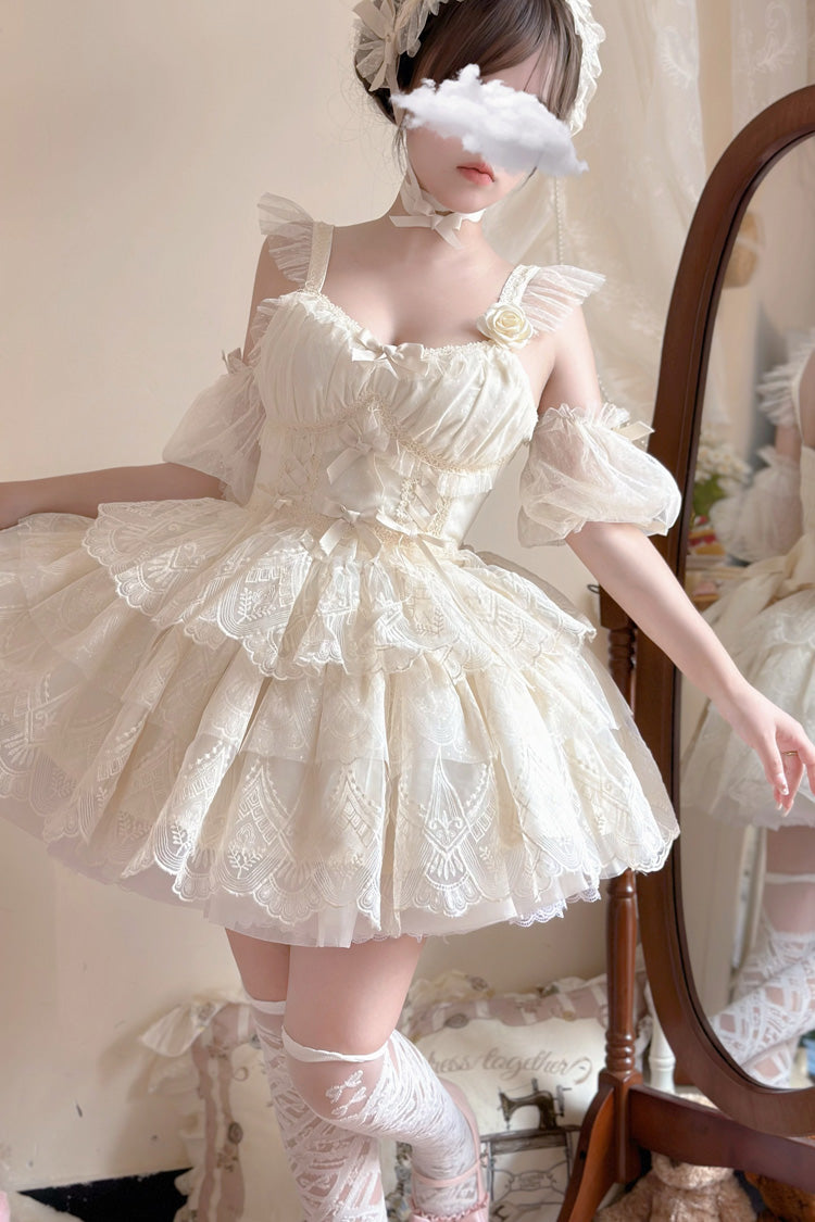 Ivory [Tidal] Triple-Layered Ruffle Bowknot Sweet Lolita Skirt 2 Versions - Ivory - 10