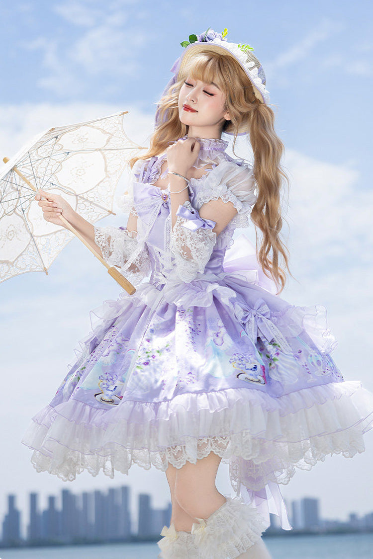 Purple [Wisteria Garden] Square Collar Triple-Layered Printed Ruffled Bow Lace Sweet Lolita Dress Set - Product - 2