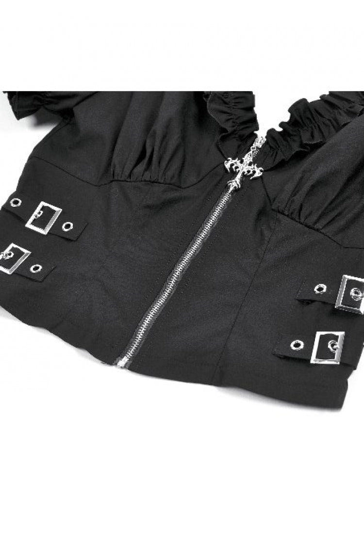 Black Women's Punk Ruffled V Collar Short Puff Sleeves Buckled Waist Zippered Crop Top - Product - 13