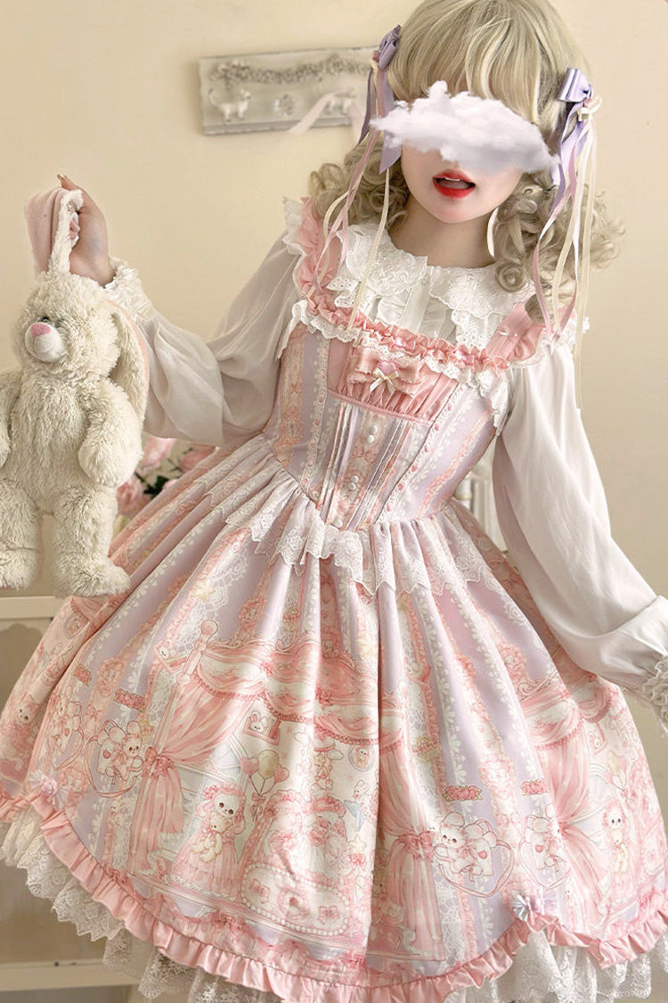 Pink Square Collar Sleeveless Printed Ruffled Lace Sweet Lolita Jsk Dress - Product - 6