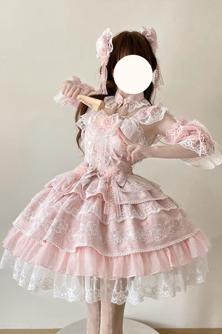 Pink [Rain of Peaches] Sleeveless Multi-Layered Bowknot Lace Sweet Chinese Style Lolita Jsk Dress - Pink - 1