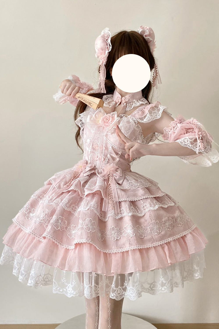 Pink [Rain of Peaches] Sleeveless Multi-Layered Bowknot Lace Sweet Chinese Style Lolita Jsk Dress - Pink - 1