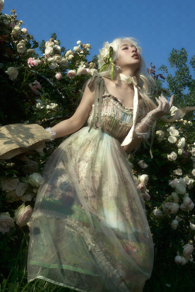 Green [Oil Painting – Spring] Sleeveless Print Ruffle Bowknot Lace Sweet Lolita Jsk Dress - Product - 12