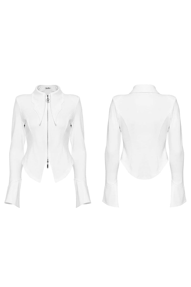 White Bat Collar Long Trumpet Sleeves Slim Womens Gothic Blouse - Product - 5