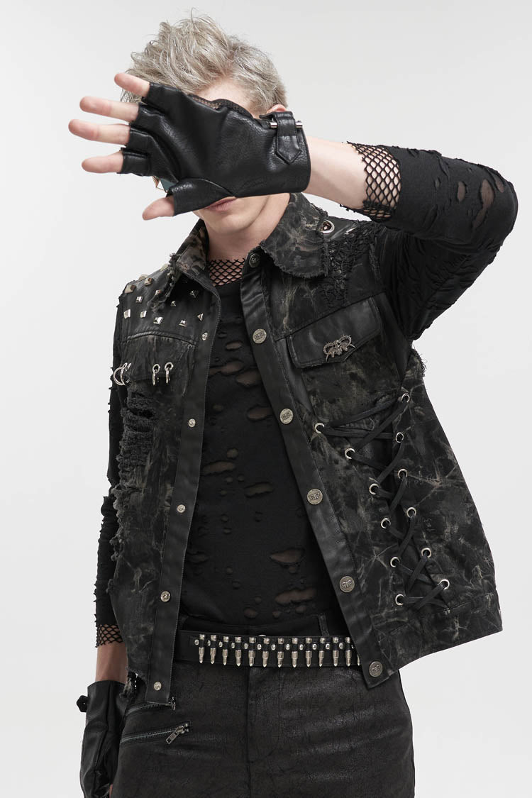 Black Loose Non-Stretch Tie-Dye Decadent Snatched Skull Sheep Head Decoration Men's Punk Vest - Product - 2