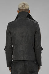 Grey Punk Post Apocalyptic Stitching Asymmetric High Neck Metal Embellished Short Loose Men's Coat - Product - 3