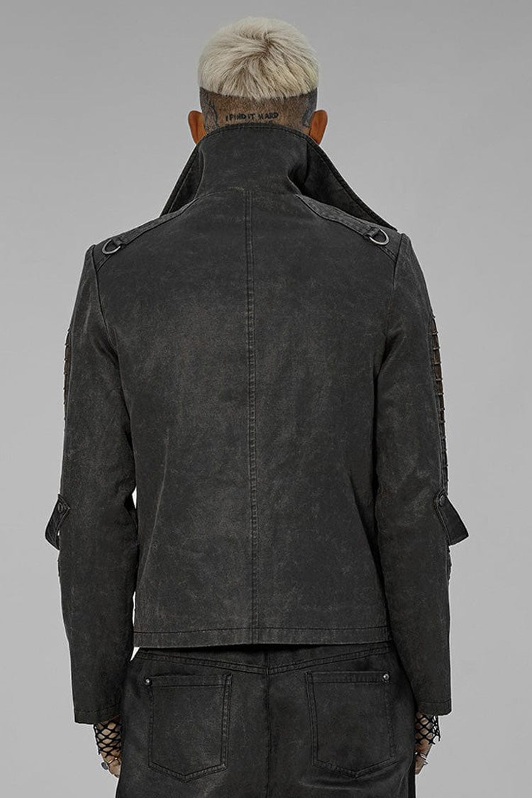 Grey Punk Post Apocalyptic Stitching Asymmetric High Neck Metal Embellished Short Loose Men's Coat - Product - 3