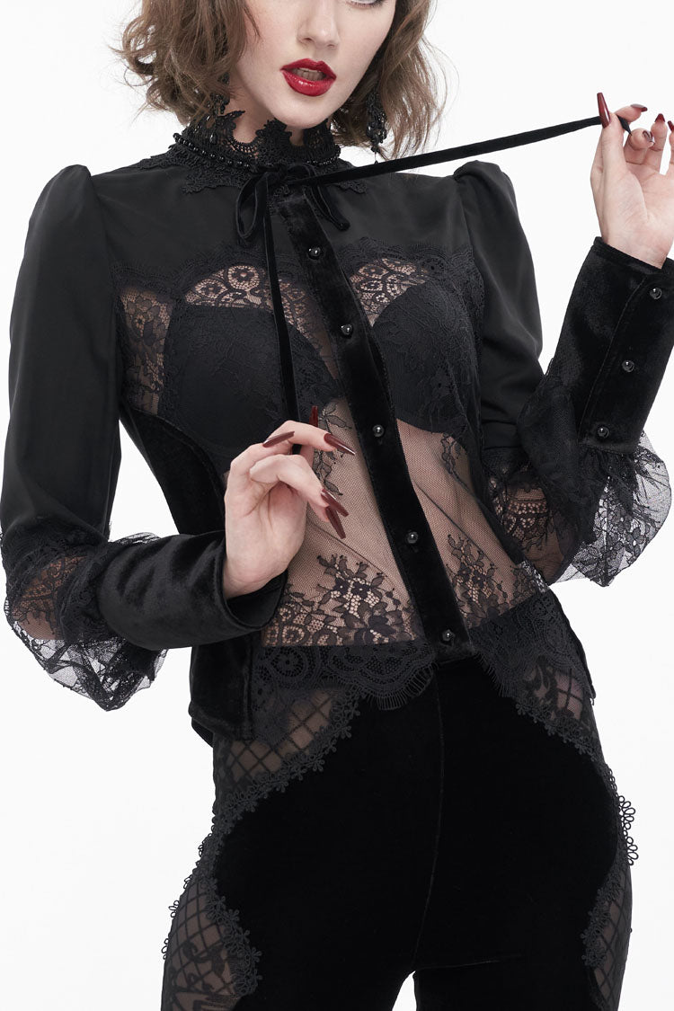 Black High Collar Translucent Lace Patchwork Bow Decoration Long Sleeve Women's Gothic Shirt - Black - 1