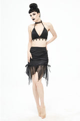 Black Translucent Chiffon Lace Hem Side Lace Up Cover Hip Gothic Swimsuit Fishtail Skirt - Product - 6