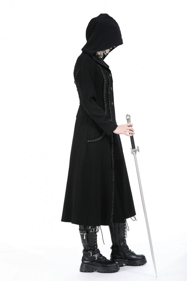 Black Long Sleeves Ruffled Lace-Up Women's Punk Long Jacket with Hood - Product - 2