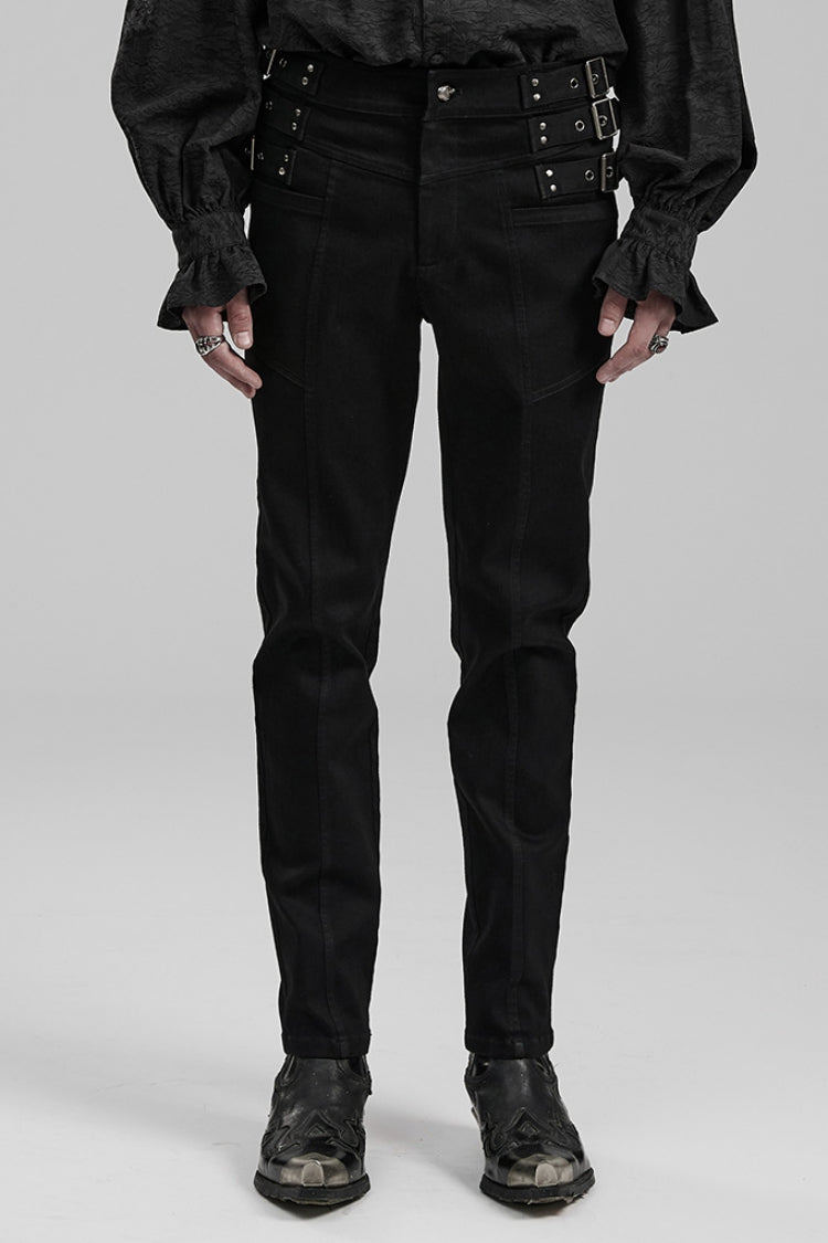 Black Slim Straps Symmetrical Men's Steampunk Straight Leg Pants - Black - 1