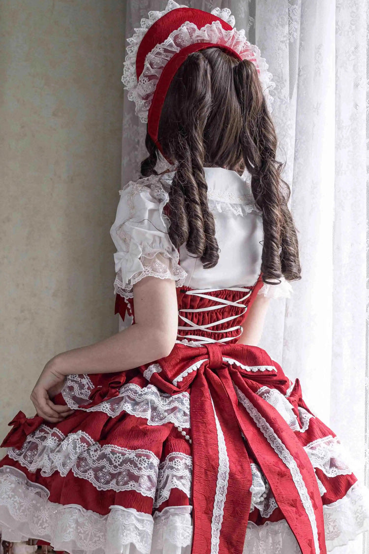 Red [Small Cakes] Sleeveless Multi-Layered Ruffle Bowknot Lace Sweet Lolita Jsk Dress - Product - 5