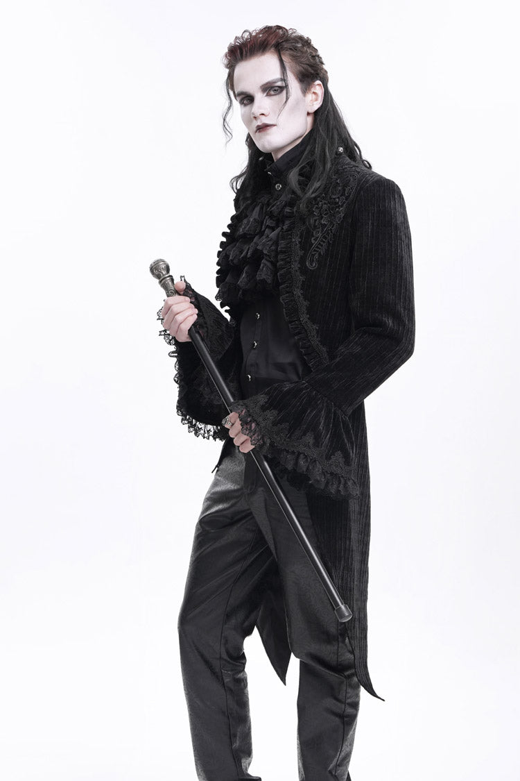 Black Stand Collar Swallow-tailed Long Sleeves Lace Men's Gothic Jacket - Product - 9