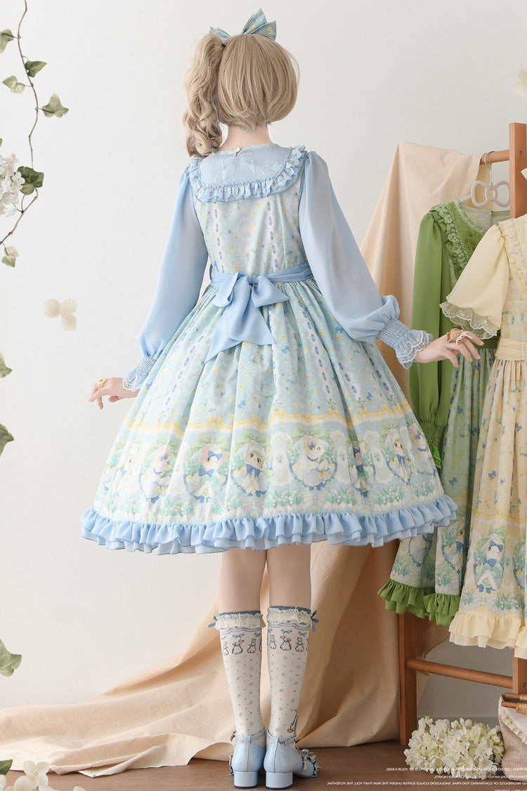 Blue [Lily of the Valley Cat] Print Ruffle Embroidery Bowknot Sweet Lolita Dress - Product - 3
