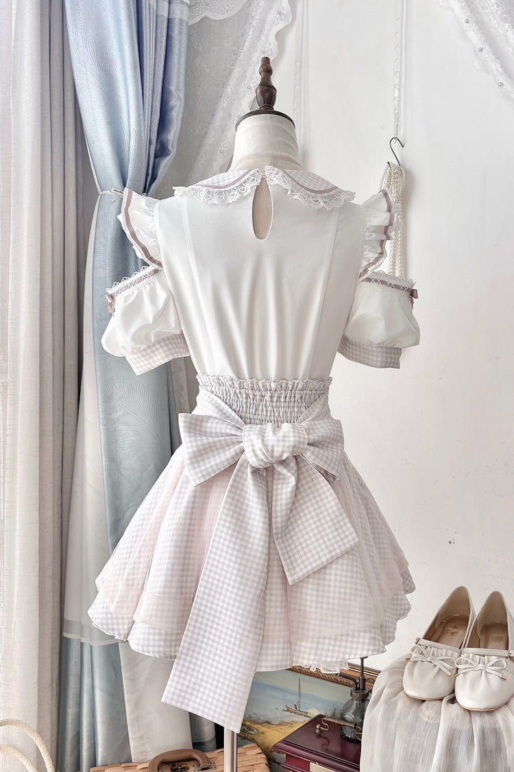 Jirai Kei Square Collar Off Shoulder Short Sleeves Printed Bow Sweet Maid Skirt Set 2 Colors - Product - 6