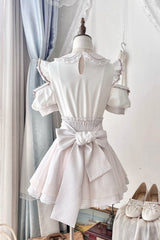Jirai Kei Square Collar Off Shoulder Short Sleeves Printed Bow Sweet Maid Skirt Set 2 Colors - Product - 6