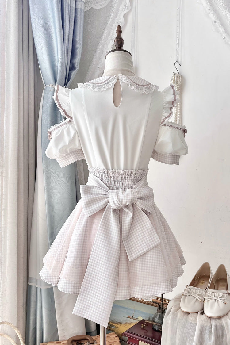 Jirai Kei Square Collar Off Shoulder Short Sleeves Printed Bow Sweet Maid Skirt Set 2 Colors - Product - 6