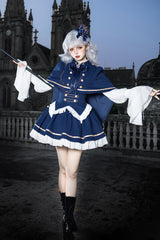 Blue [Eternal Crown] Stand Collar Long Lantern Sleeves Ruffled Color-Blocked Faux Two-Piece Classic Royal Lolita Dress 2 Versions - Product - 14