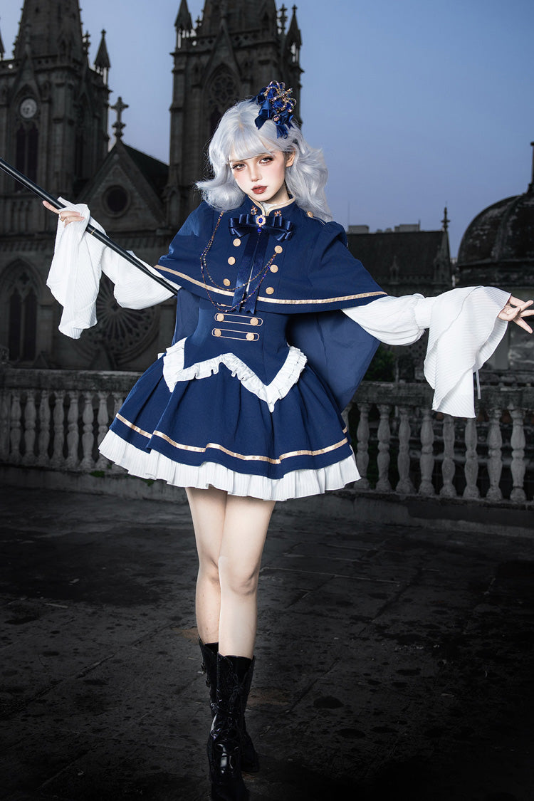 Blue [Eternal Crown] Stand Collar Long Lantern Sleeves Ruffled Color-Blocked Faux Two-Piece Classic Royal Lolita Dress 2 Versions - Product - 14
