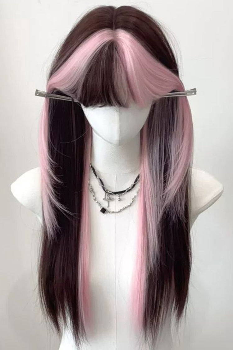 Sweet Lolita Daily Long Straight Highlighted Wig 2 Colors - Pink/Brown - 2