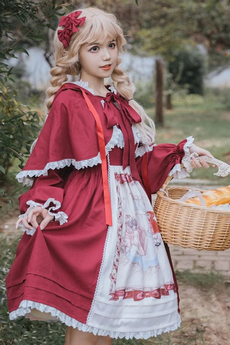 Red Little Red Riding Hood Sleeveless Print Ruffle Bowknot Sweet Princess (Dress Only) detail view 2