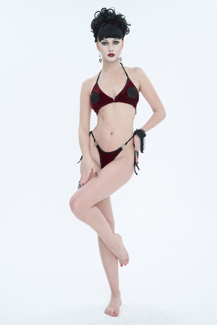 Red Velvet Stretch Sexy Cutout Pentagram Women's Gothic Swimsuit Set - Product - 3